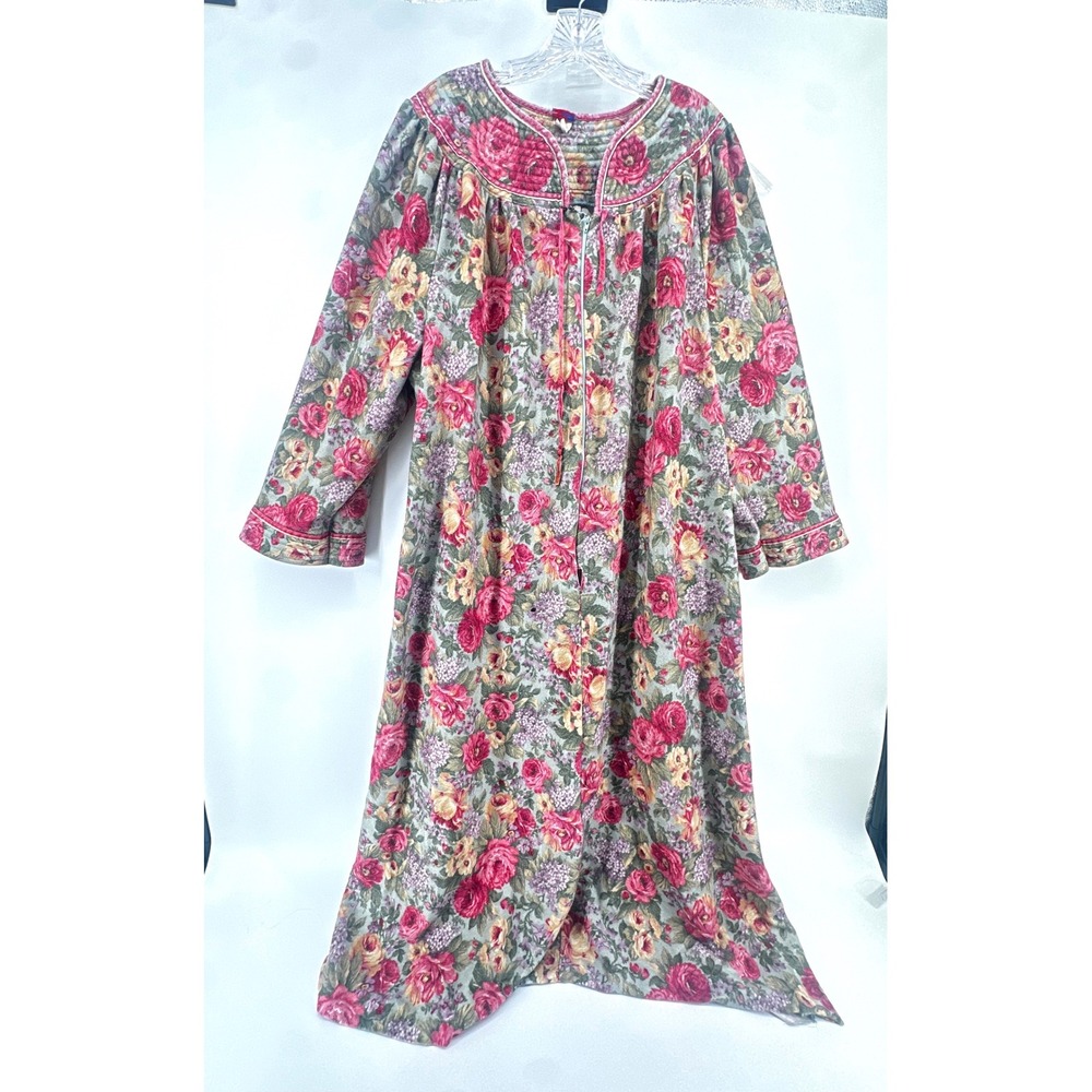 Vintage Granada Floral Zip Front Robe 3X Pockets Rose Housecoat Fabric Scraps